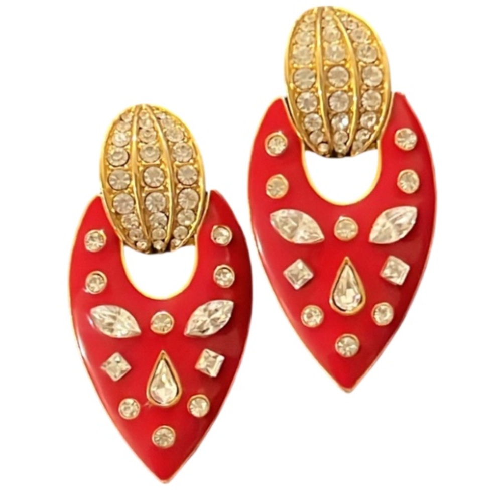 Vintage Designer Gold Plated Red Swarvoski Crystal Door Knocker Runway Earrings